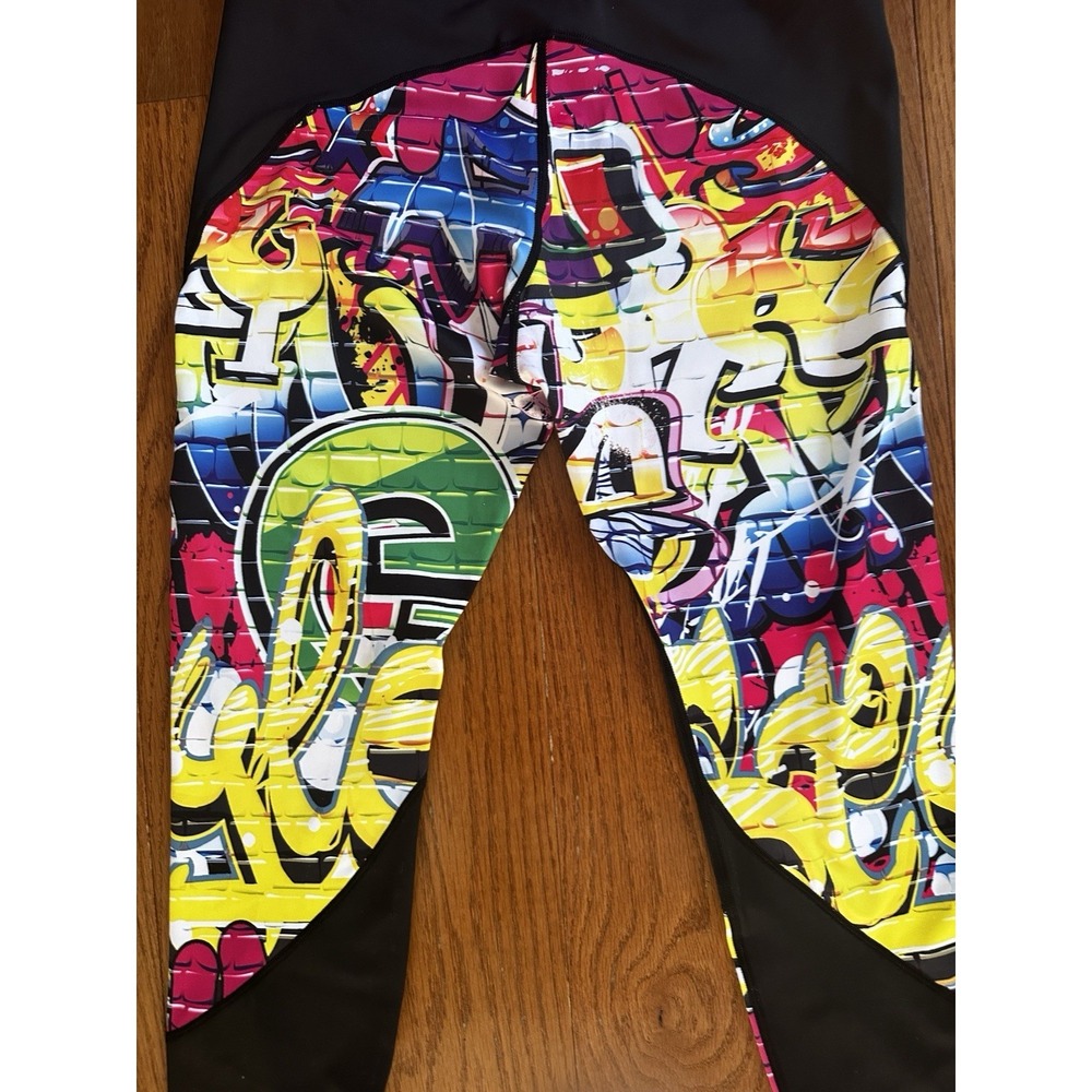 Y2K GRRRL Women Leggings Black Multicolor Graffiti Print Size -See Measurements‎